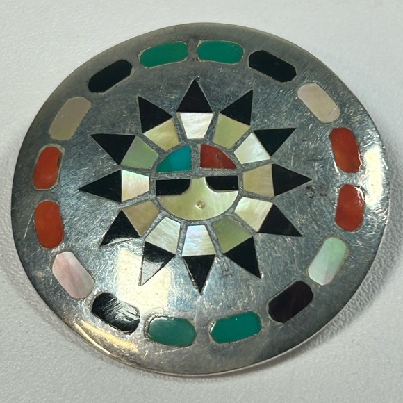 Vintage Signed Zuni Inlay Sun Face HL Lanyate Hesser Turquoise Coral Onyx Shell - Picture 3 of 7